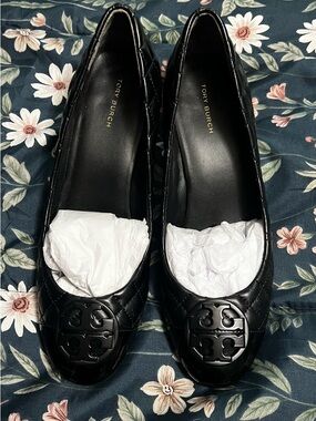 Tory Burch Black Quilted Block Heel Pumps with Logo Medallion
